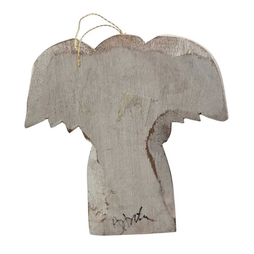 Vintage Folk Art Wooden Angel Ornaments Set of 2 Hand Painted Signed Rustic